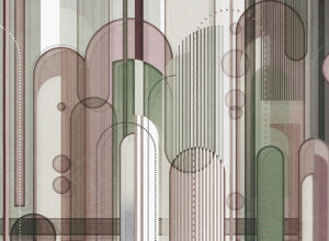 Carta da parati con geometria caotica marrone e verde in stile art déco