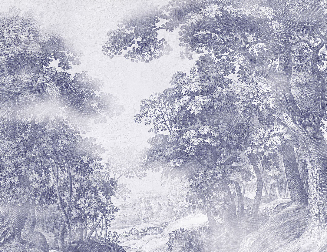 Incisione blu vintage di un carta da parati della foresta