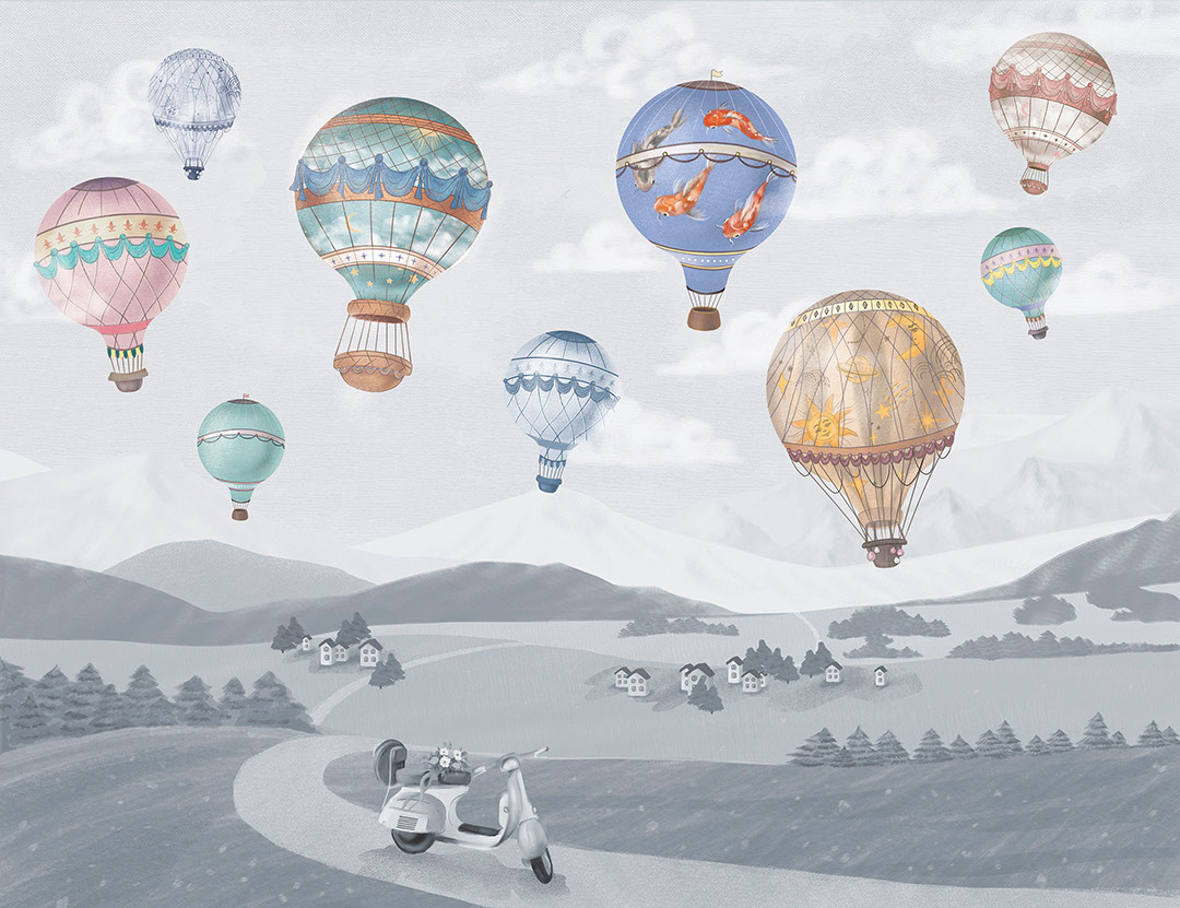 Carta da parati per bambini con palloncini sopra il terreno nei toni del blu