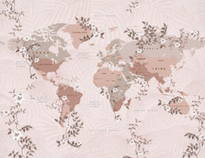 Carta da parati mappa del mondo con fiori color rame