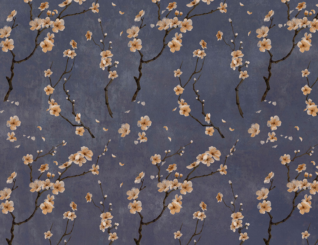 Carta da parati con motivo di rami di sakura sullo sfondo blu