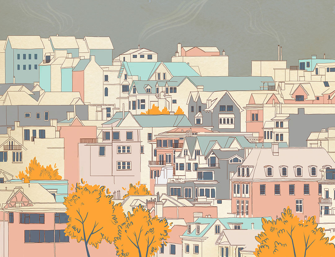 Carta da parati di città in stile cartoon con cielo grigio