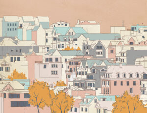 Carta da parati di città in stile cartoon con cielo rosa polvere