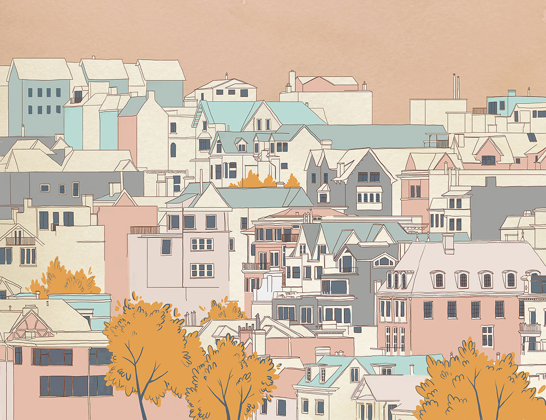 Carta da parati di città in stile cartoon con cielo rosa polvere