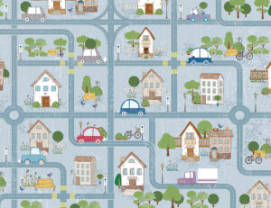 Mappa carta da parati blu per bambini con strade e auto