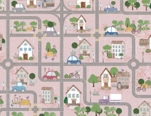 Mappa carta da parati rosa per bambini con strade e auto
