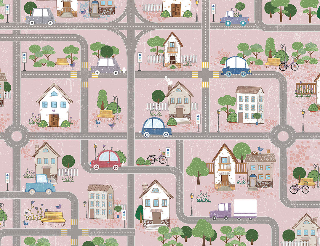 Mappa carta da parati rosa per bambini con strade e auto