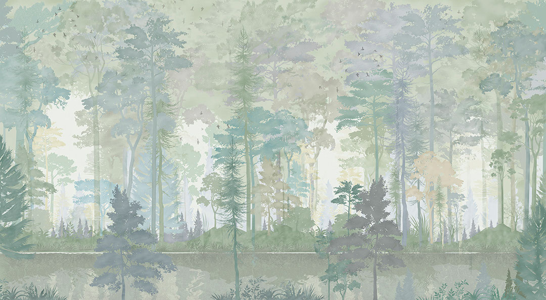 Carta da parati di foresta in colori verdi con acquerello