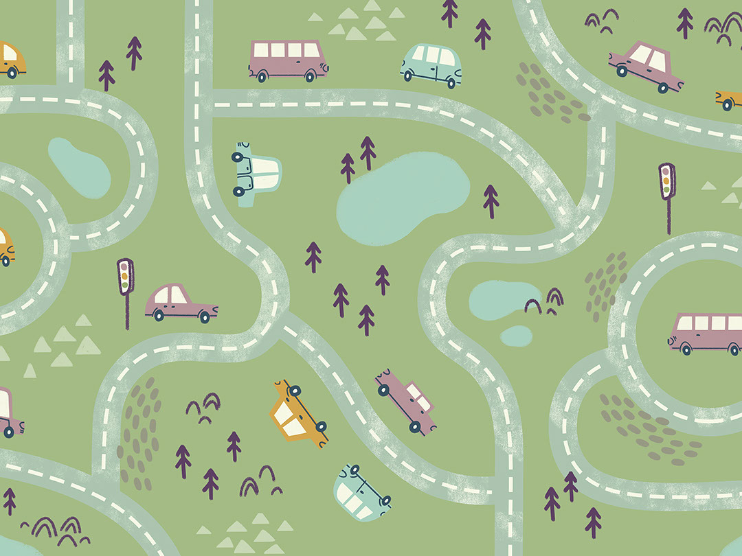 Carta da parati per bambini con pista per auto verde