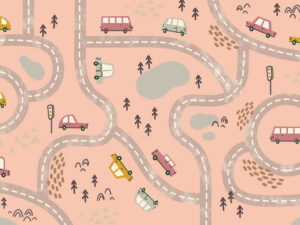 Carta da parati per bambini con pista per auto rosa