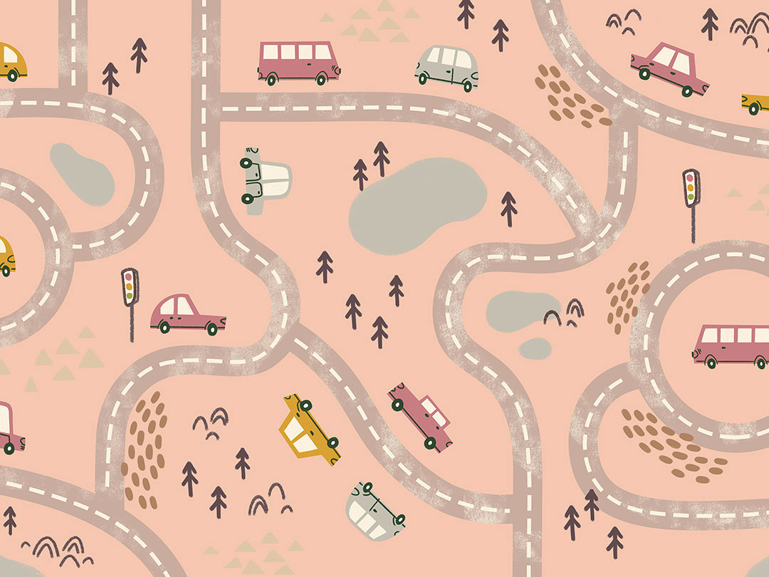 Carta da parati per bambini con pista per auto rosa