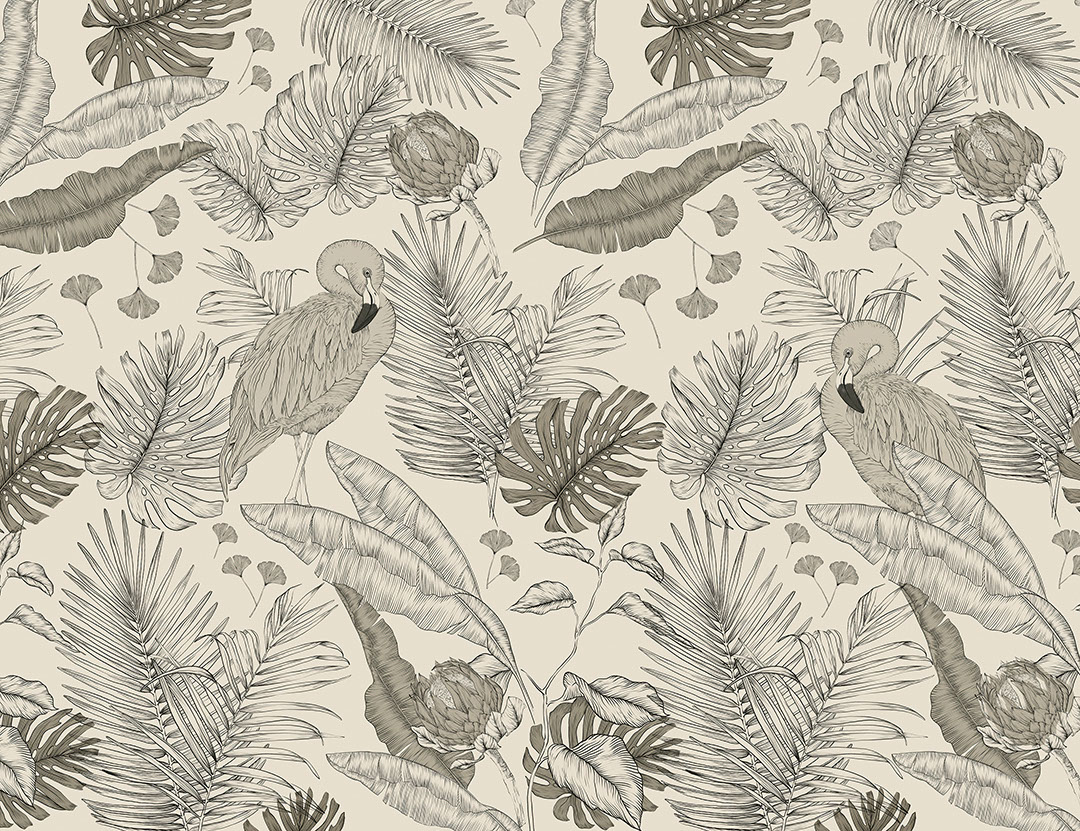 Fenicotteri grafici in foglie tropicali carta da parati in bianco e nero