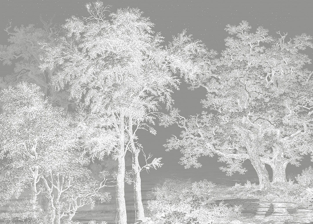 Carta da parati con foresta illustrata bianca sul cielo grigio