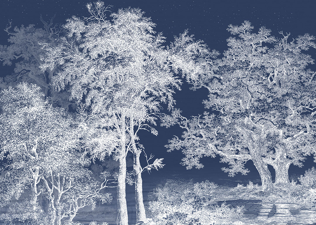 Carta da parati con foresta illustrata bianca sul cielo azzurro