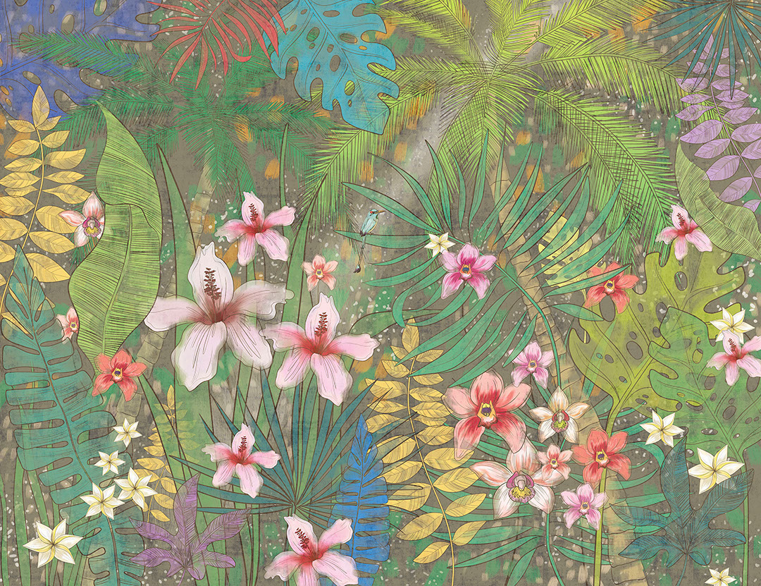 Carta da parati con foglie e fiori tropicali luminosi sullo sfondo scuro