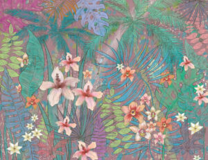 Carta da parati con foglie e fiori tropicali luminosi sullo sfondo viola