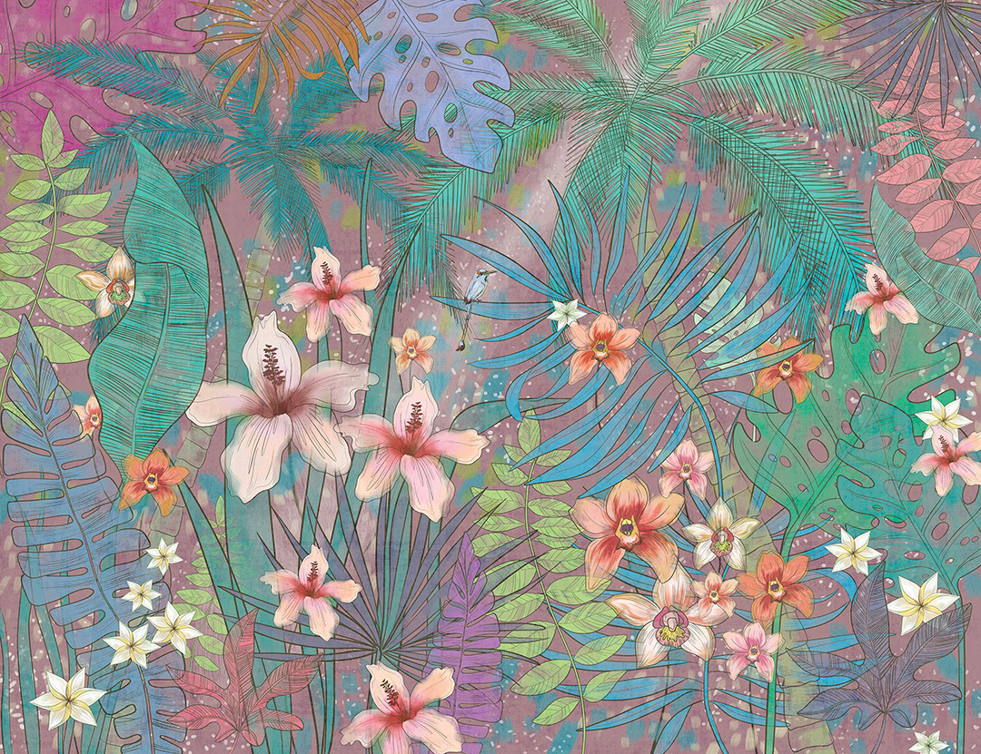 Carta da parati con foglie e fiori tropicali luminosi sullo sfondo viola