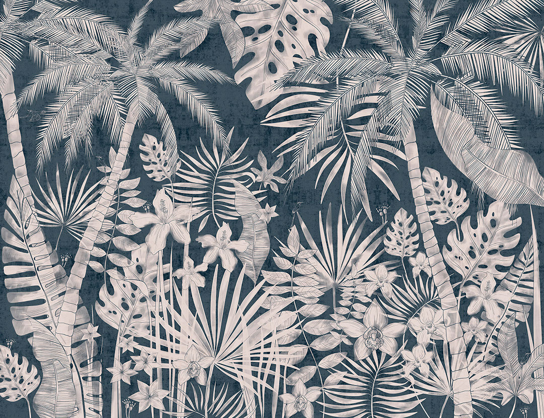 Alberi e piante tropicali disegnati a mano di notte carta da parati natura