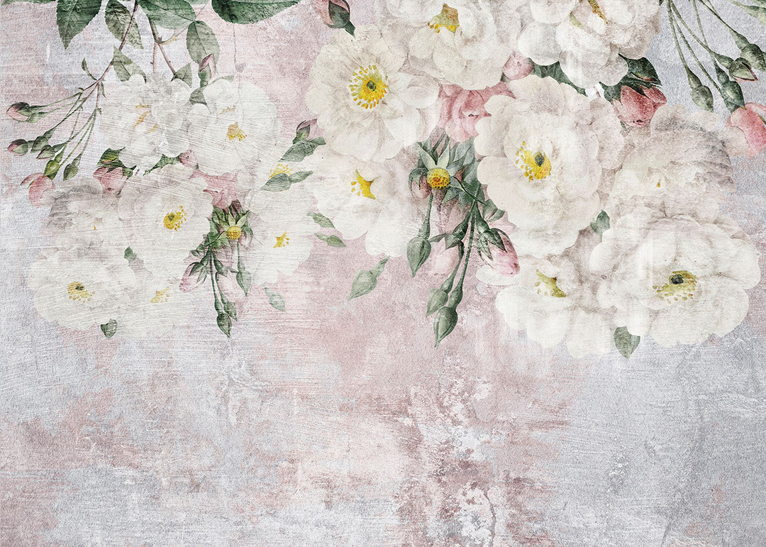 Carta da parati floreale vintage dai toni neutri sullo sfondo rosa strutturato