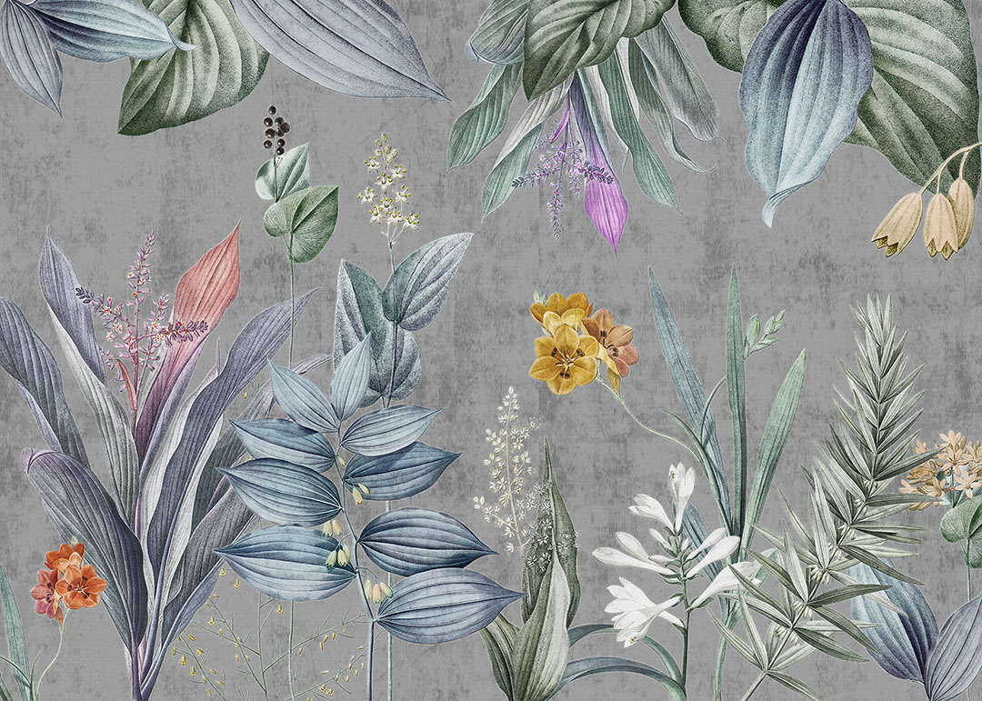 Tono grigio, grande carta da parati botanico con fiori luminosi