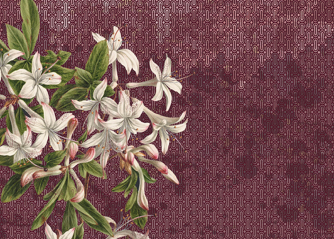 Grande carta da parati con fiori di giglio sullo sfondo rosso con motivi in ​​stile art-deco