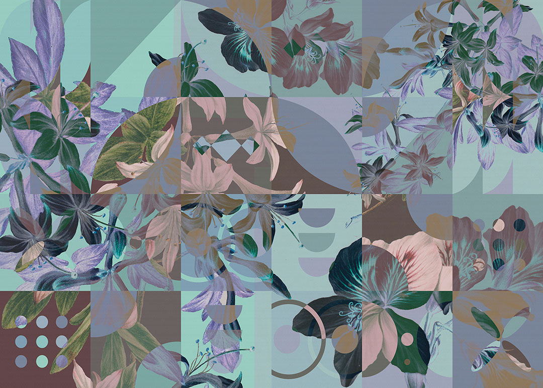 Mosaico carta da parati floreale astratto in colori freddi