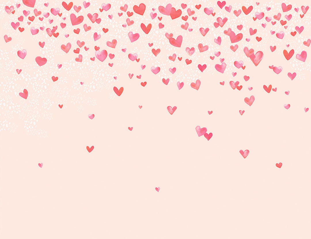 Grazioso carta da parati per bambini con cuori e bolle ad acquerello sfumati sullo sfondo rosa