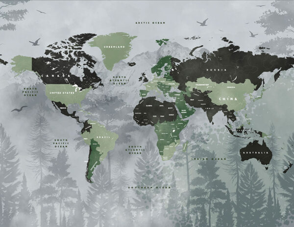 Carta da parati con mappa del mondo a tema foresta verde salvia