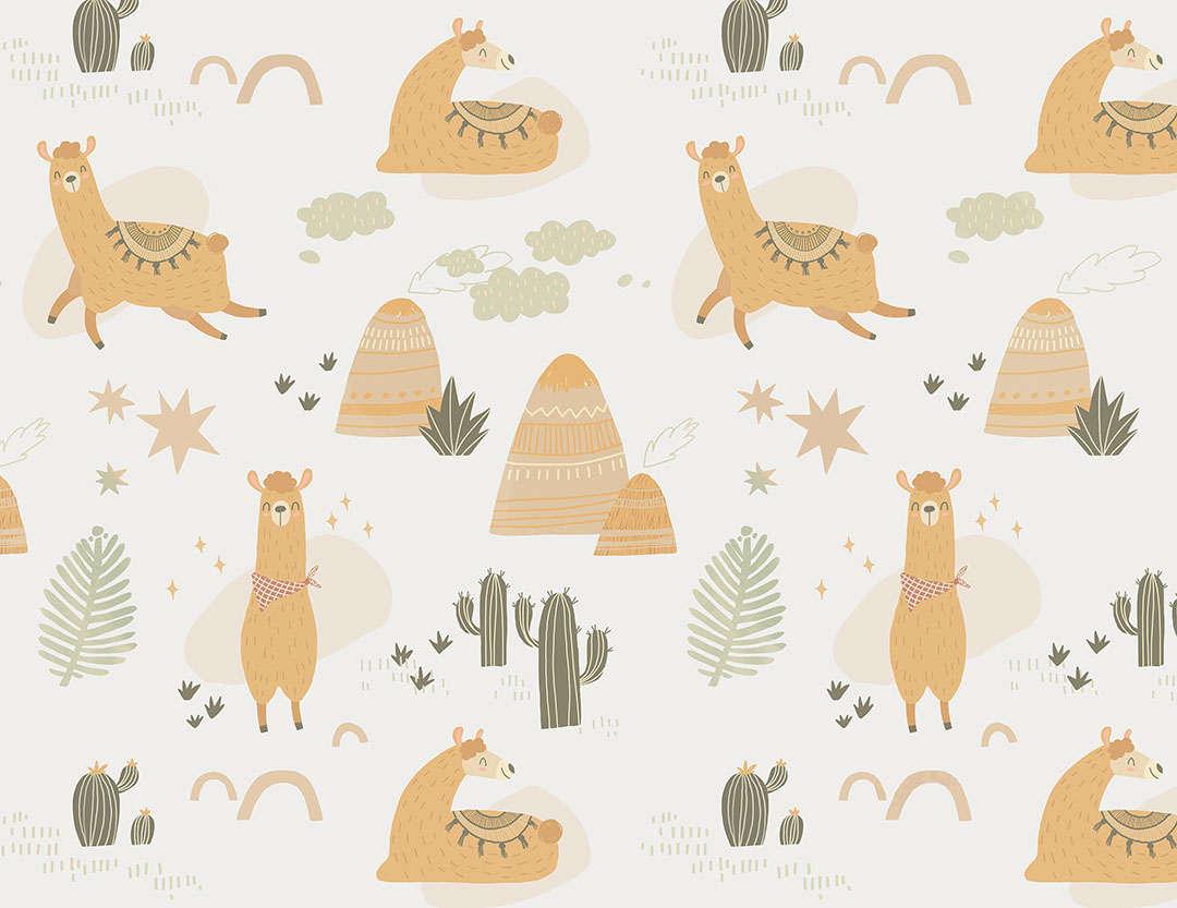Carta da parati per bambini con lama, montagne e cactus carini
