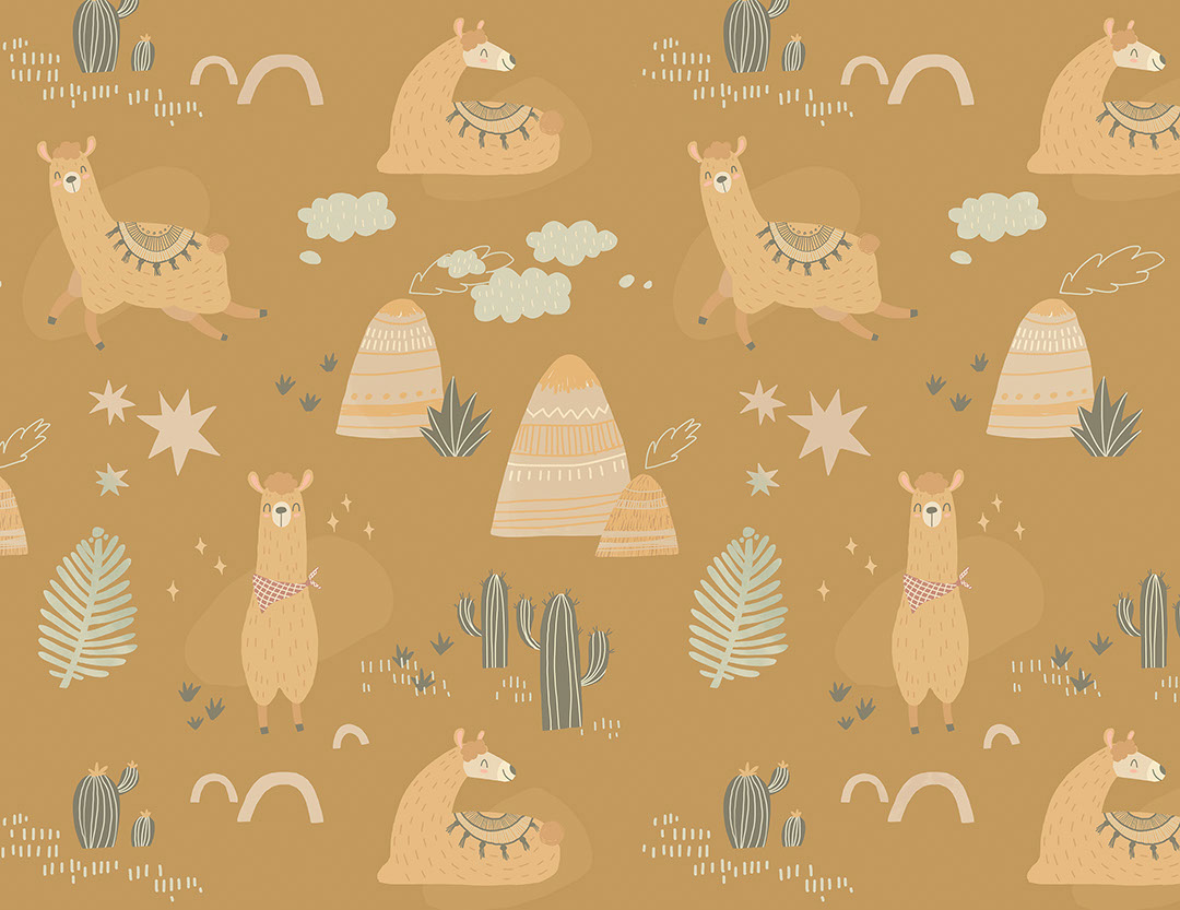 Carta da parati per bambini con lama colorati, montagne e cactus