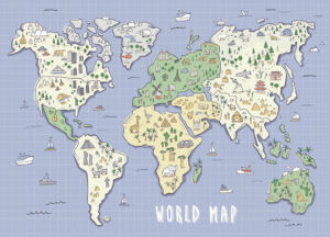 Mappa del mondo per bambini con сarta da parati di attrazioni