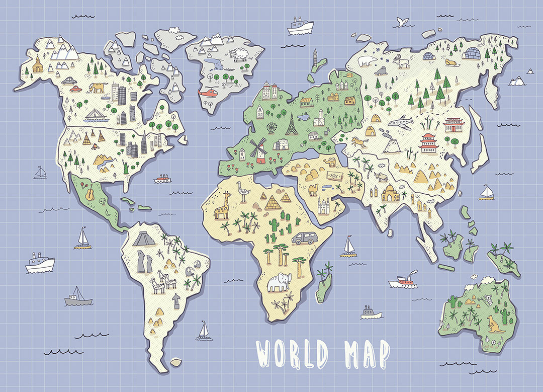 Mappa del mondo per bambini con сarta da parati di attrazioni