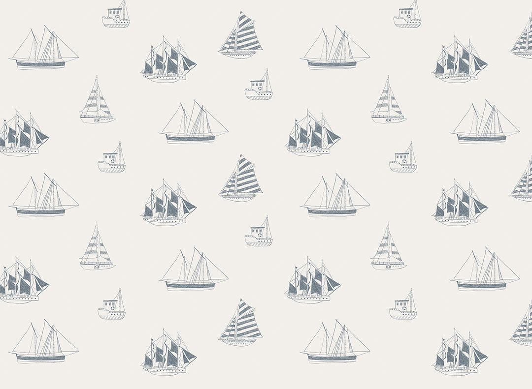 Carta da parati minimalista con motivo di yacht e navi grigie per bambini