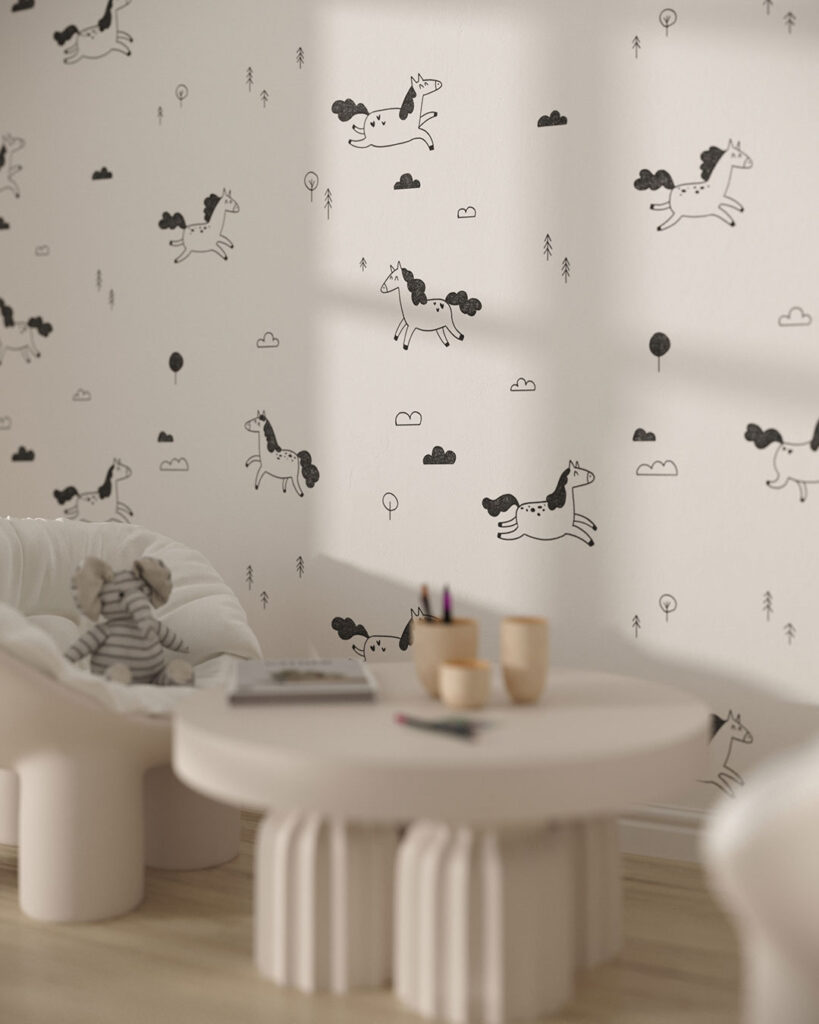 Carta da parati Pony per la cameretta dei bambini - kith2kin.it Carta da parati minimalista con motivo pony bianco e nero per la cameretta dei bambini