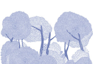 Carta da parati con alberi grafici blu