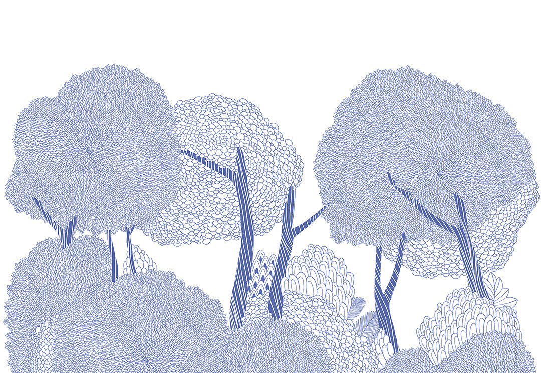Carta da parati con alberi grafici blu