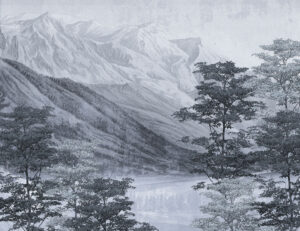 Acquaforte carta da parati vintage con lago e montagne