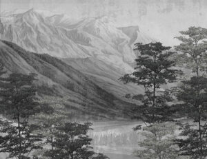 Carta da parati vintage con lago e montagne grigio