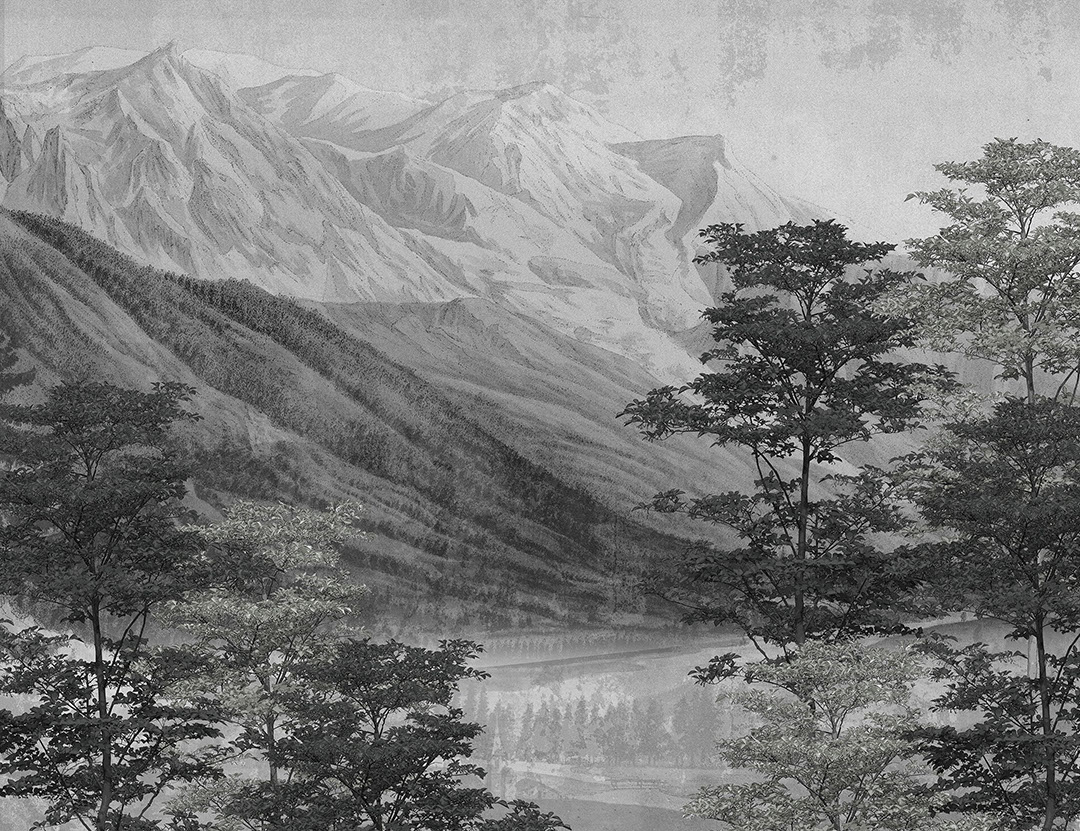 Carta da parati vintage con lago e montagne grigio