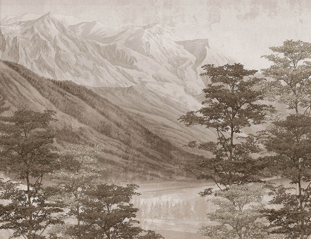 Carta da parati vintage con lago e montagne marrone