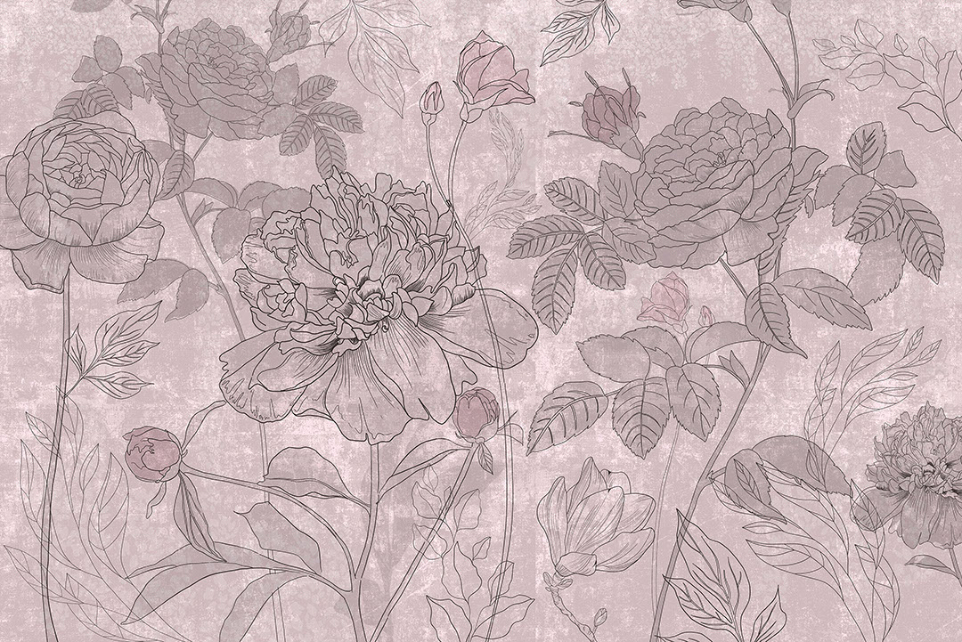 Carta da parati minimalista con rose line art rosa