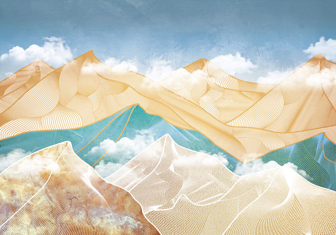Carta da parati futuristico luminoso con montagne dorate e blu tra le nuvole