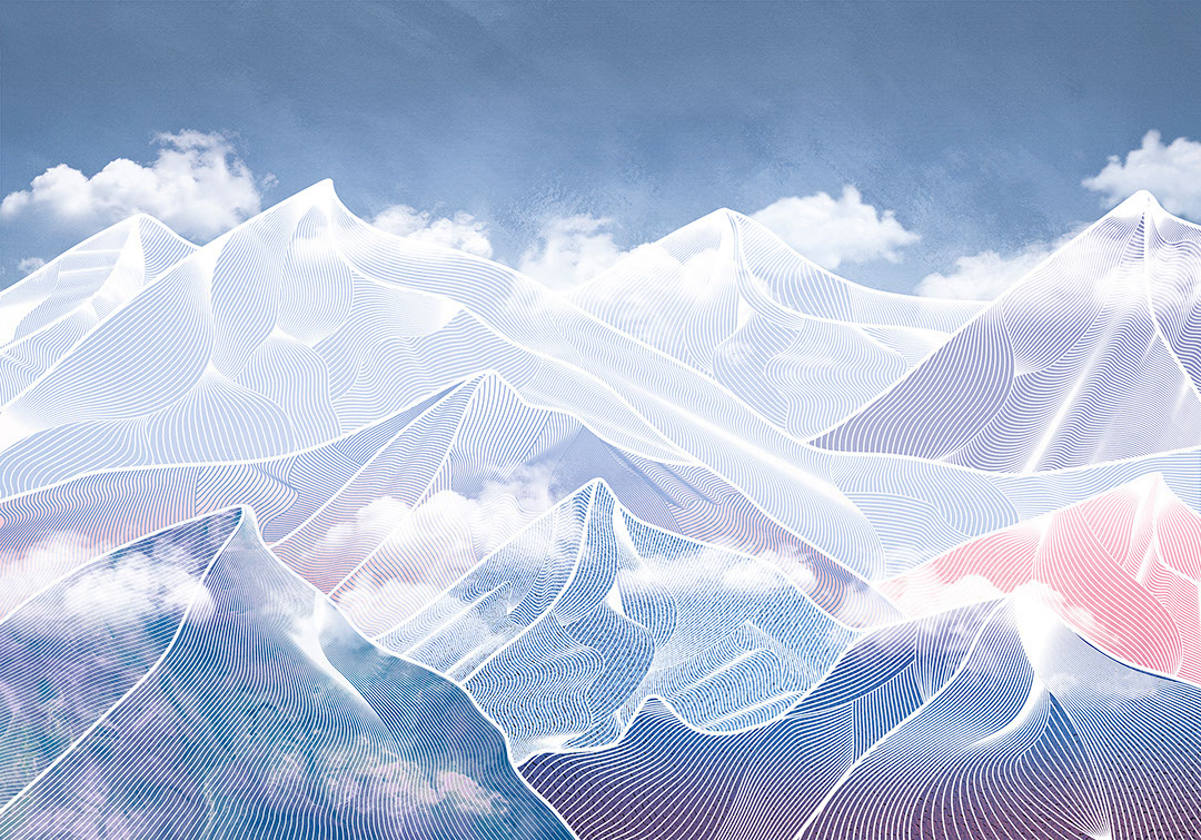 Carta da parati futuristico luminoso con montagne rosa e blu tra le nuvole