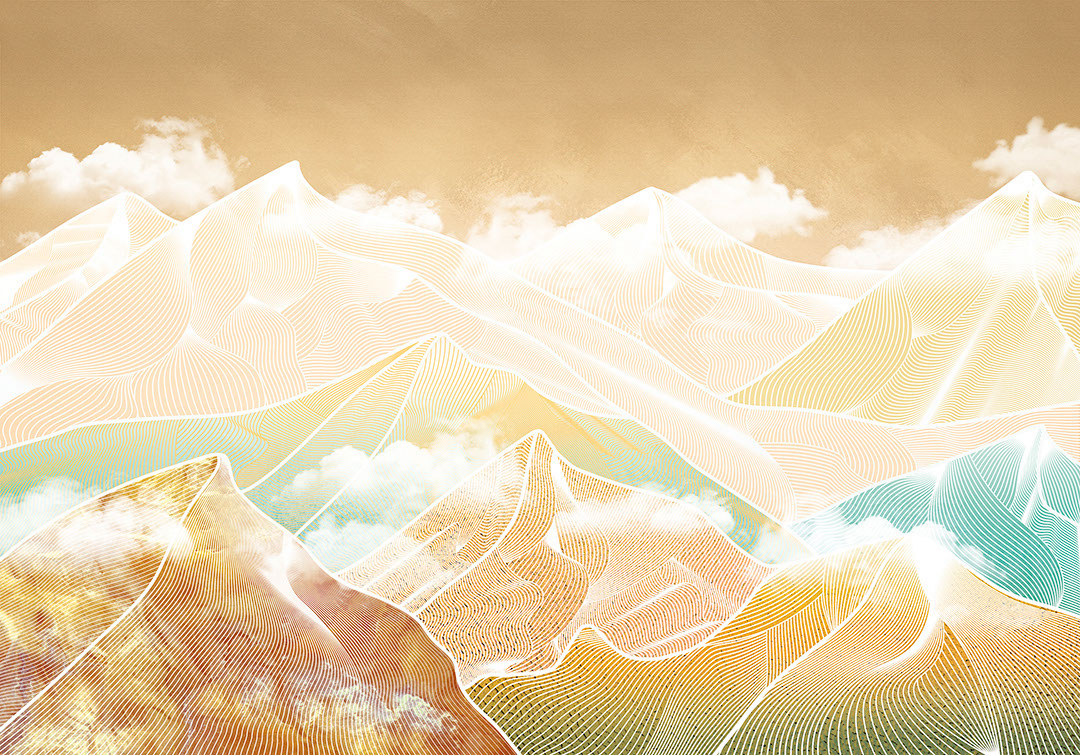 Carta da parati di montagne dorate futuristiche e luminose tra le nuvole