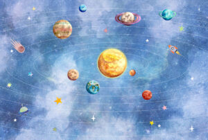 Pianeti colorati del sistema solare con razzi e stelle carta da parati
