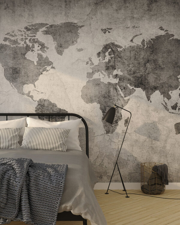 Carta da parati grigio stile loft mappa del mondo per la camera da letto