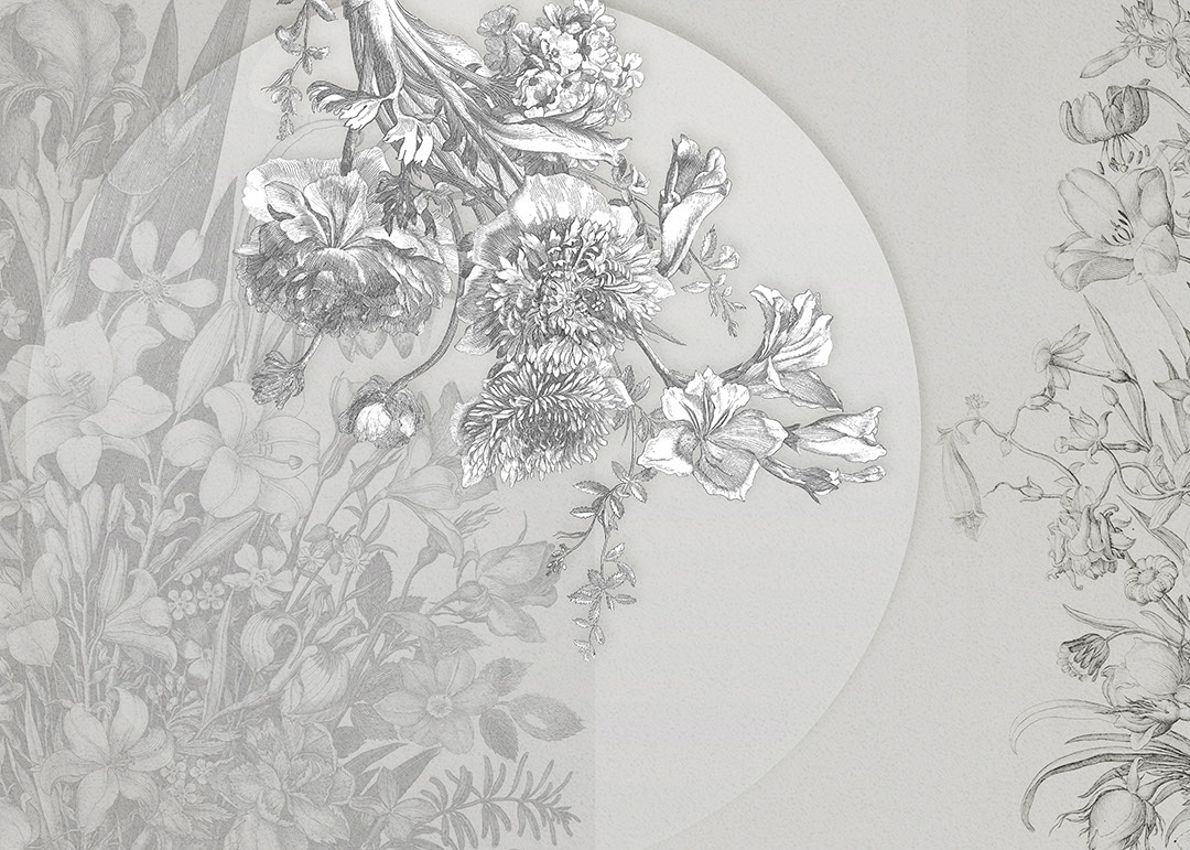 Carta da parati asimmetrico con teneri fiori grigi e geometrici