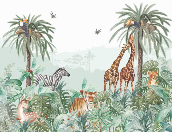 Carta da parati tropicale con zebre, giraffe e altri animali