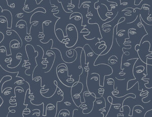 Delicati volti disegno linea carta da parati su sfondo blu scuro