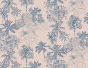 Carta da parati illustrato con foglie tropicali blu delicate su sfondo rosa